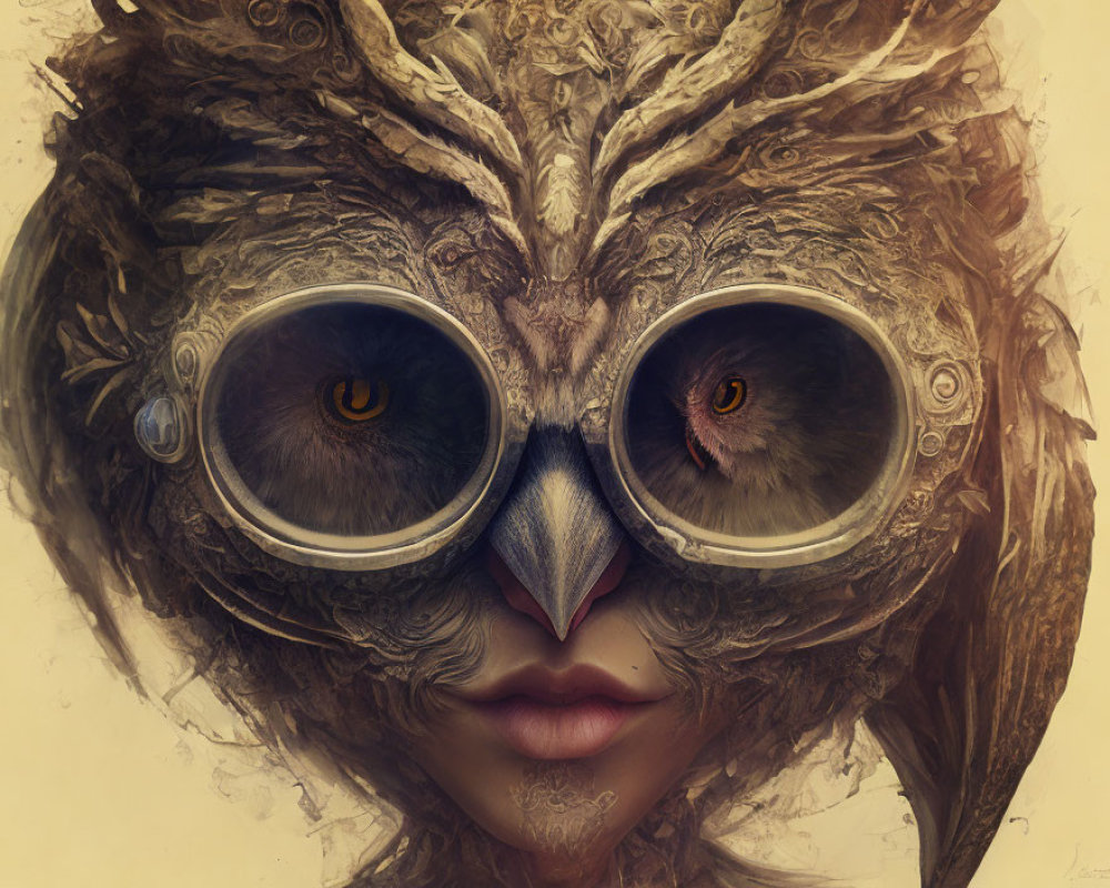 Surreal image: human face with owl features, captivating eyes, feather textures