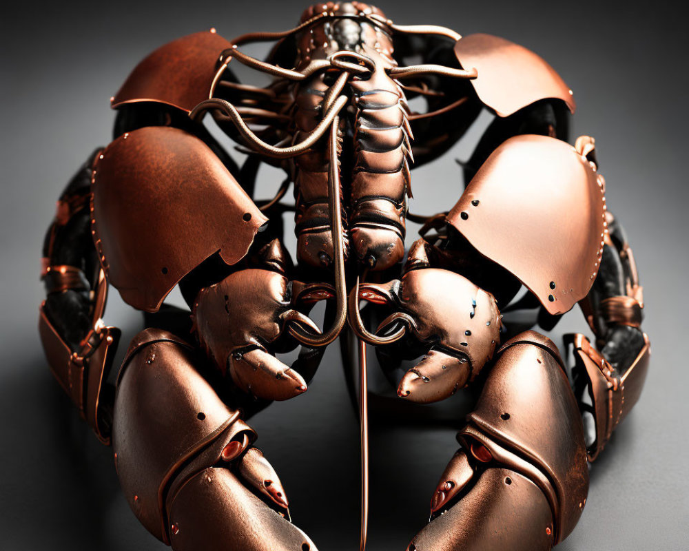 Metallic Lobster Sculpture with Copper Finish on Dark Background