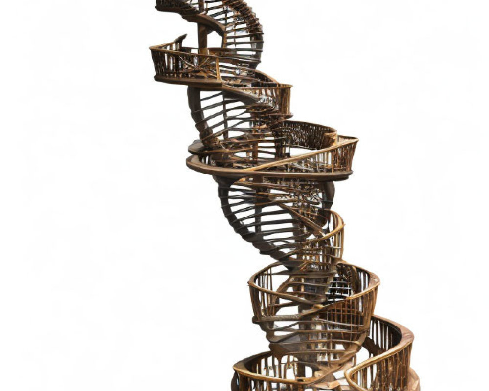 Elaborate wooden spiral staircase against white background