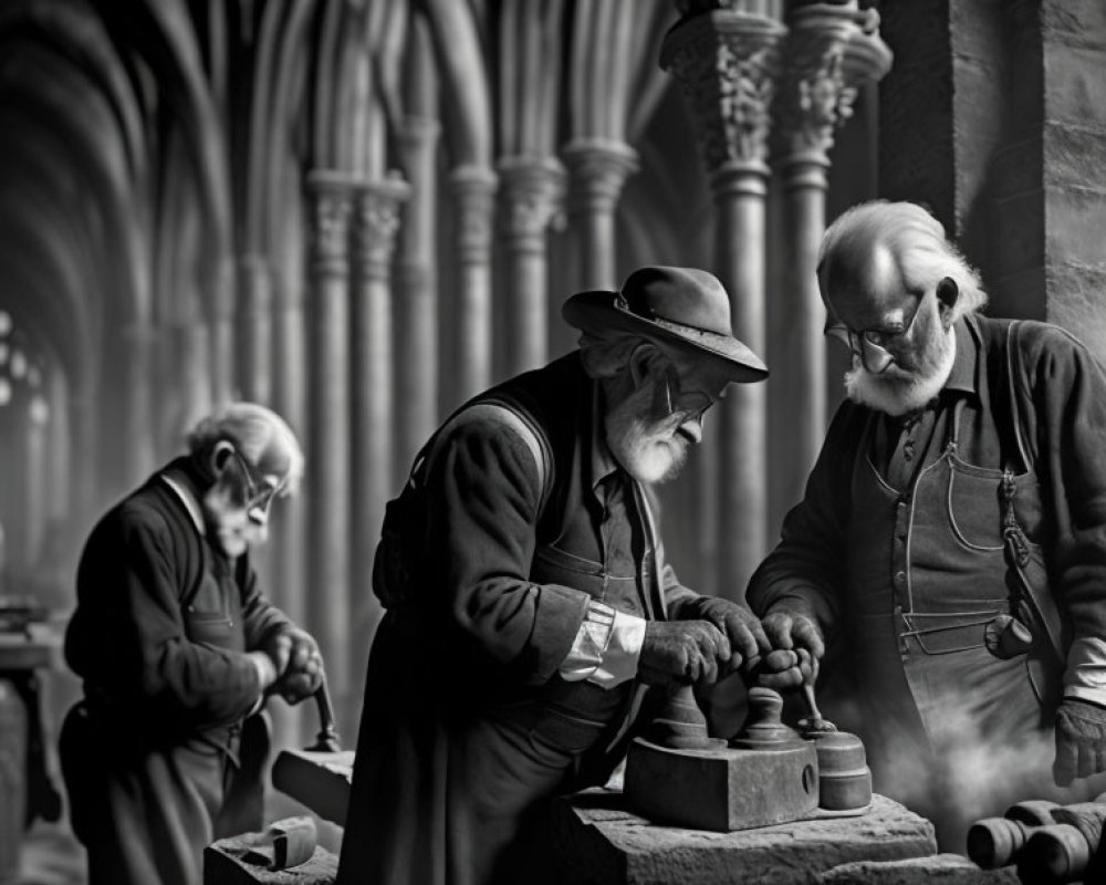 Elderly Men Crafting in Period Clothing in Gothic Cloister