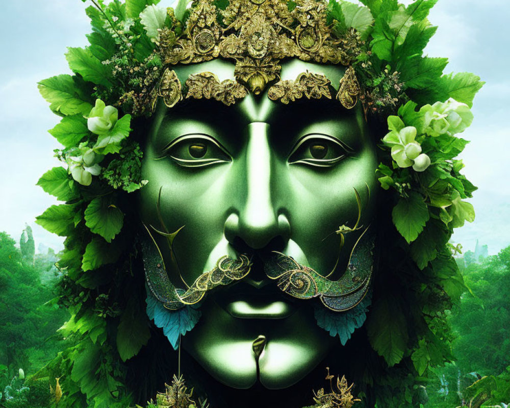 Elaborate golden headpiece on mystical green face in lush forest