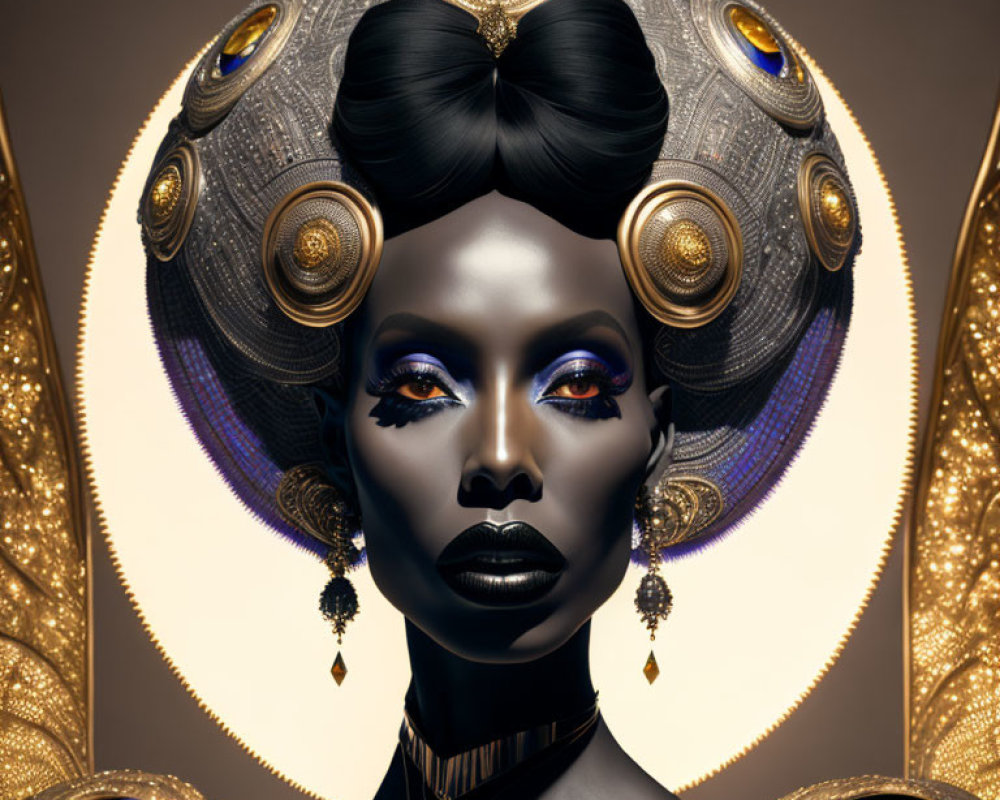 Futuristic woman portrait with ornate headdress and vibrant makeup