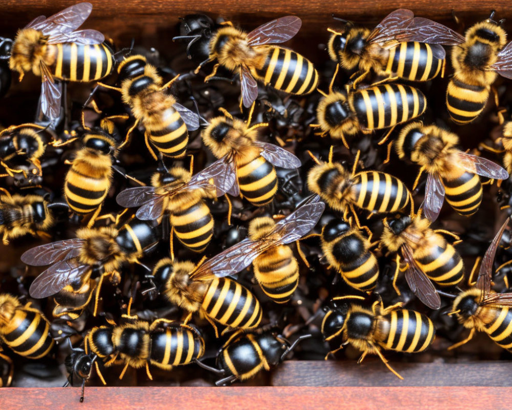 Numerous Bees with Yellow and Black Stripes on Wooden Structure