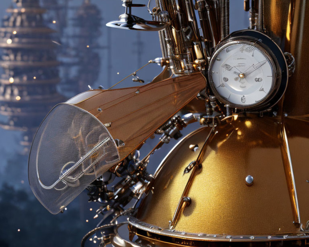 Detailed brass steampunk device with gauges against industrial backdrop