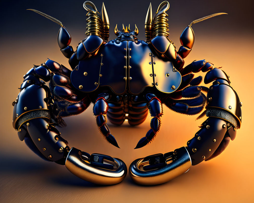 Detailed Stylized Robotic Crab Illustration in Metallic Blue and Gold on Gradient Background