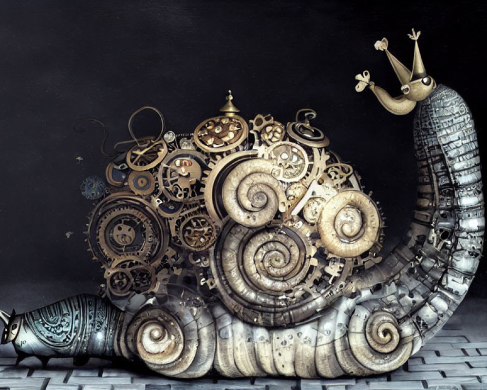 Steampunk-style snail with gear shell on cobblestone surface