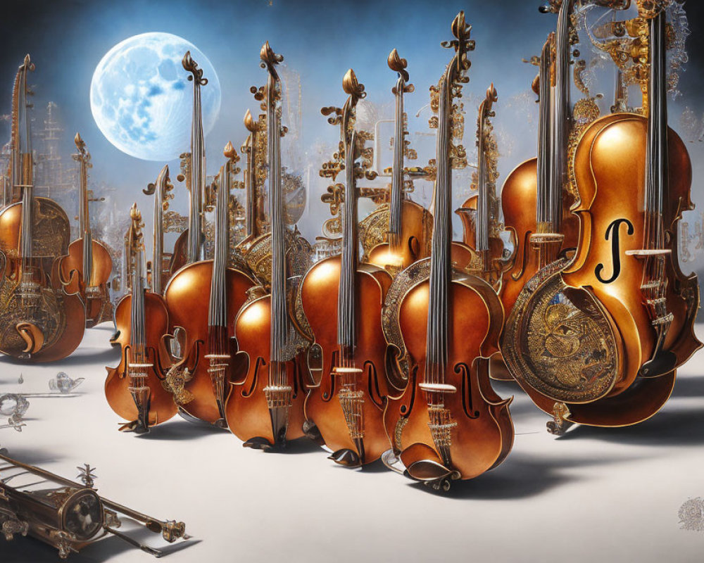 Ornate golden string instruments with moon backdrop