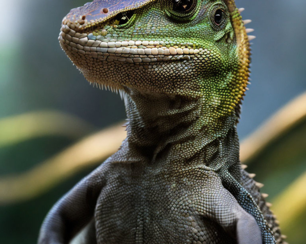 Detailed Close-Up of Green Lizard with Textured Skin