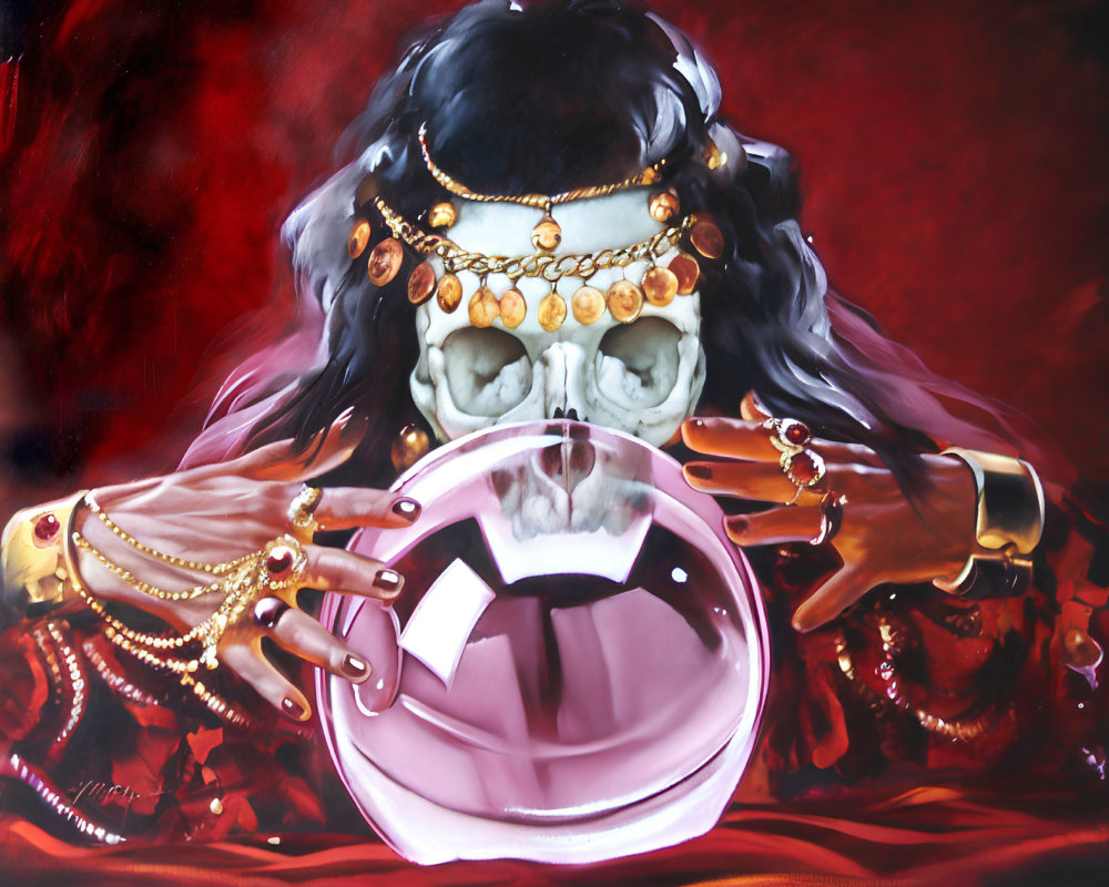 Surreal painting of figure with skull face and golden crown gazes into crystal ball