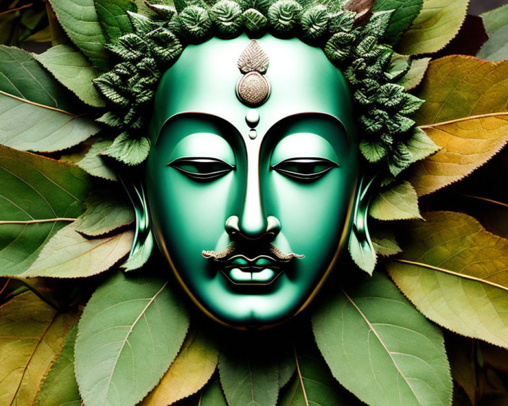 Green Buddha Face Mask Surrounded by Lush Leaves