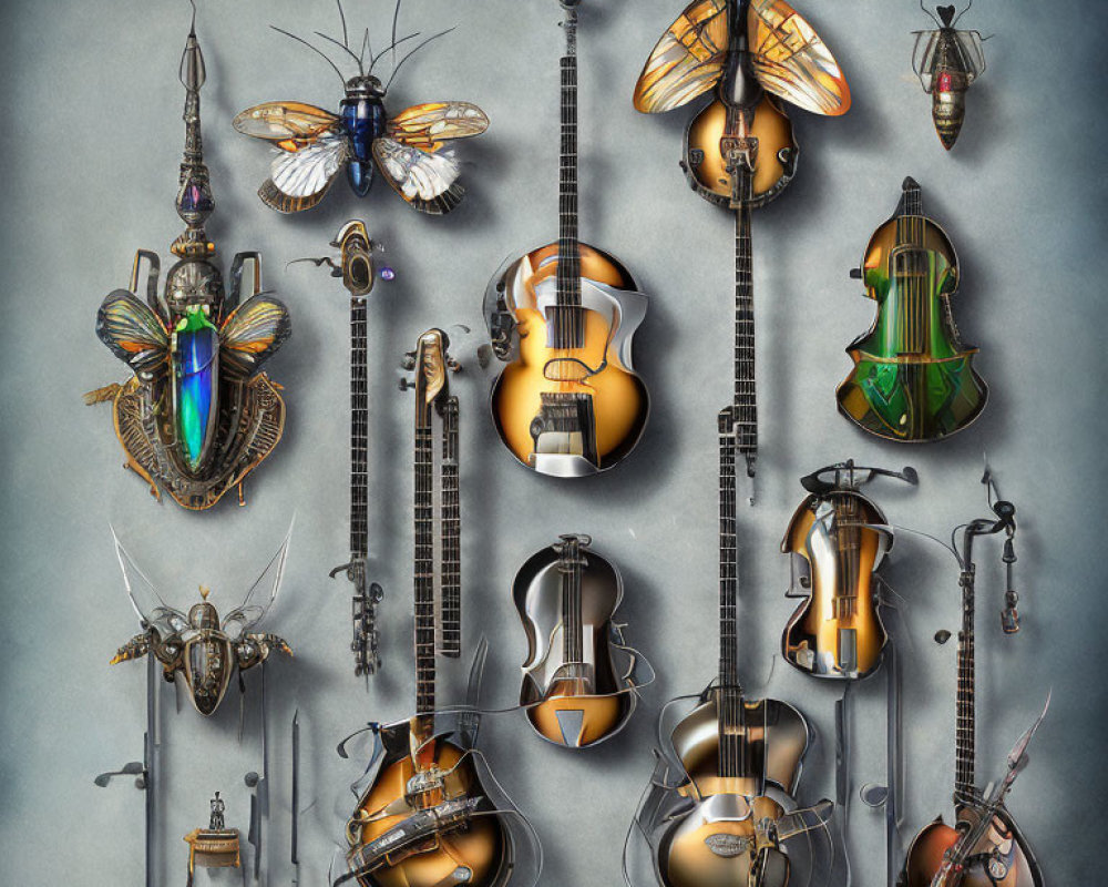 Steampunk-inspired Instruments and Mechanical Insects on Gray Background