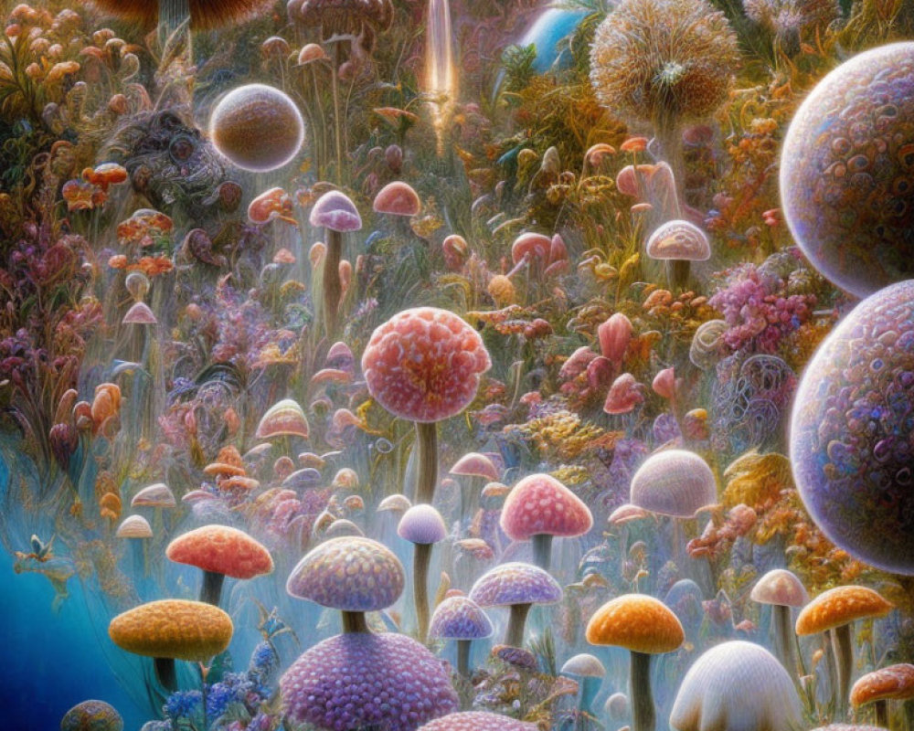 Enchanting forest with fantastical mushrooms and glowing light