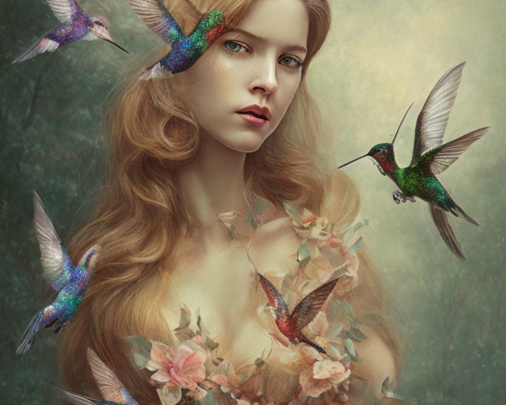 Woman with Long Wavy Hair Surrounded by Hummingbirds in Forest Scene