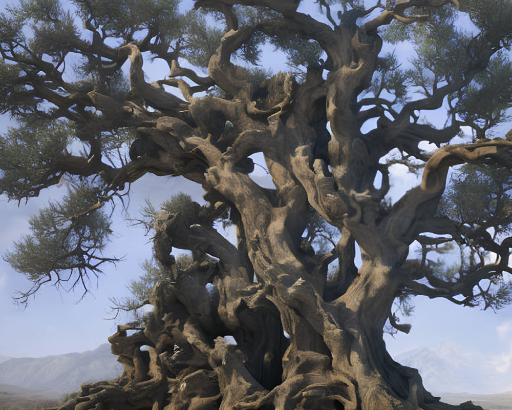 Majestic ancient tree with thick, gnarled trunk & sprawling branches