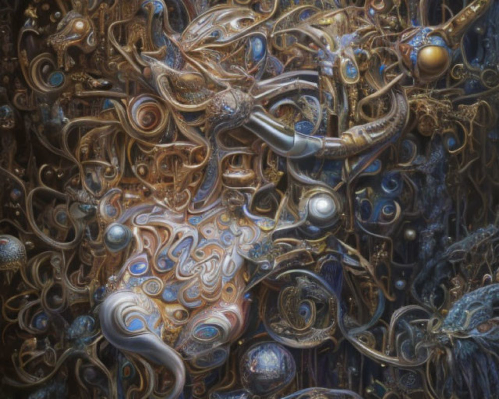 Elaborate surreal artwork: intricate swirling patterns in gold and pearl tones