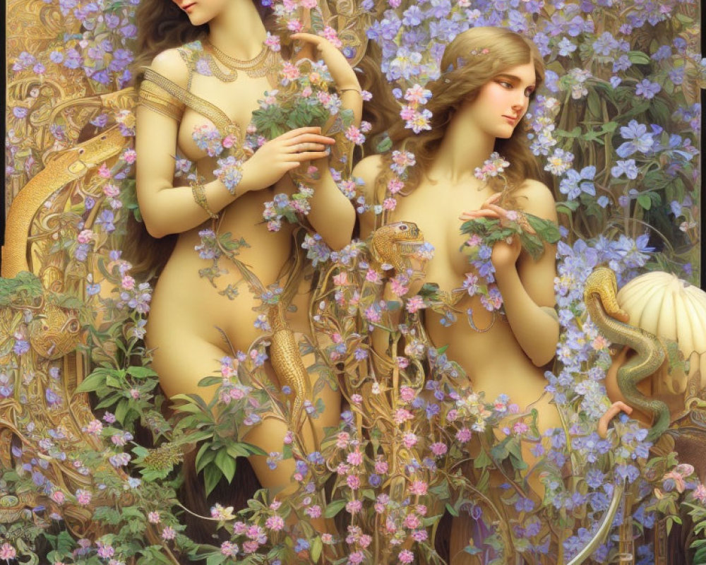 Two women with intricate floral details and fantastical creatures in a flowery setting