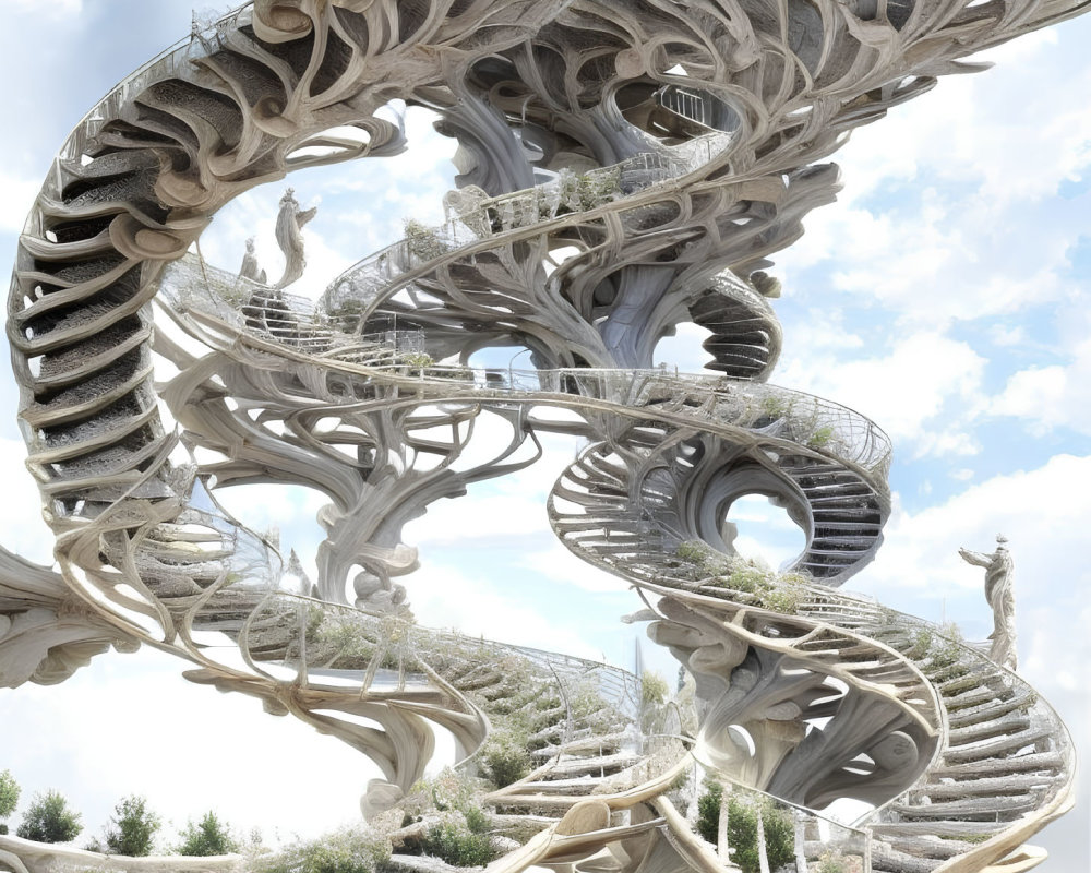 Intricate bone-like structure with spirals and arches against cloudy sky