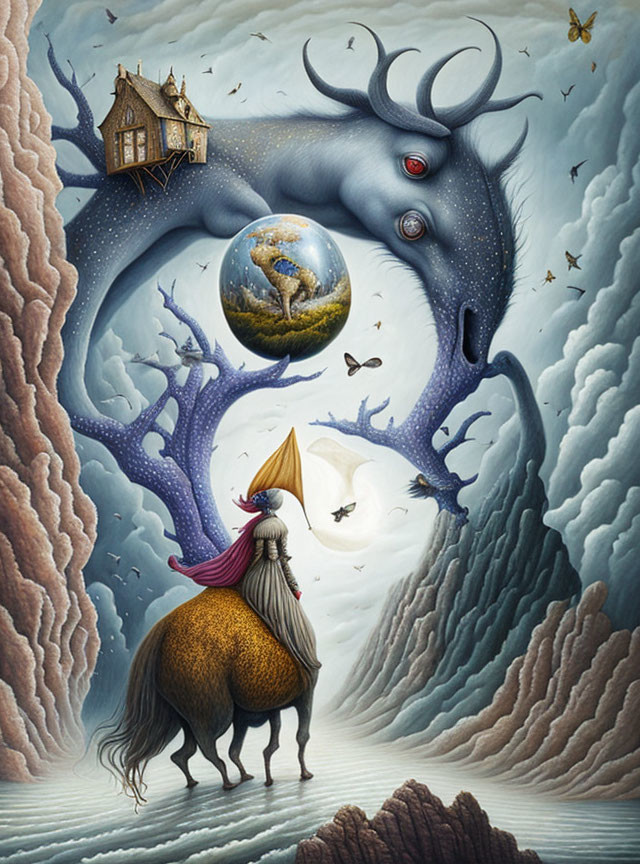 Surreal artwork: centaur, stag with tree antlers, house, globe, butterflies