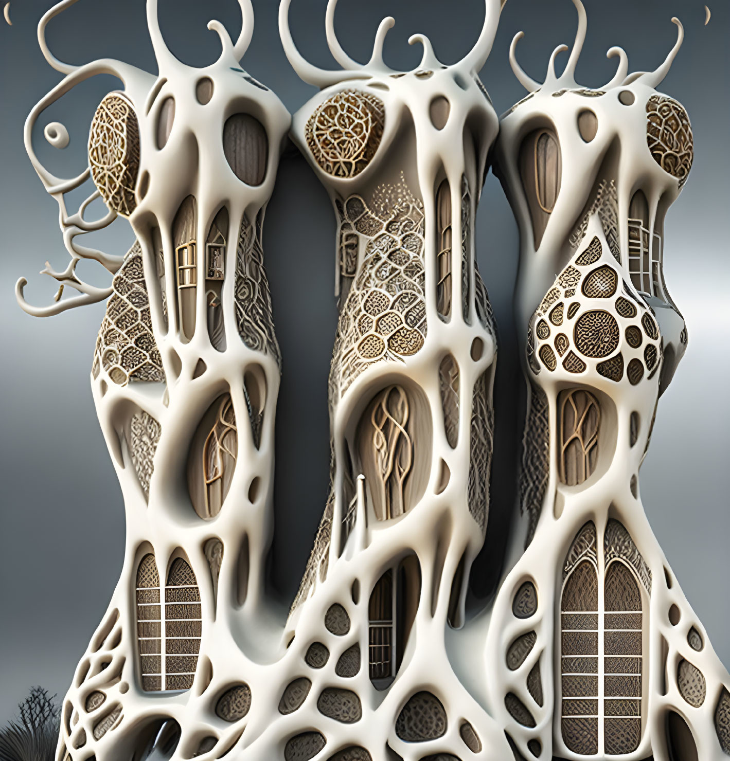 Surreal architecture with bone-like structures and cellular window patterns