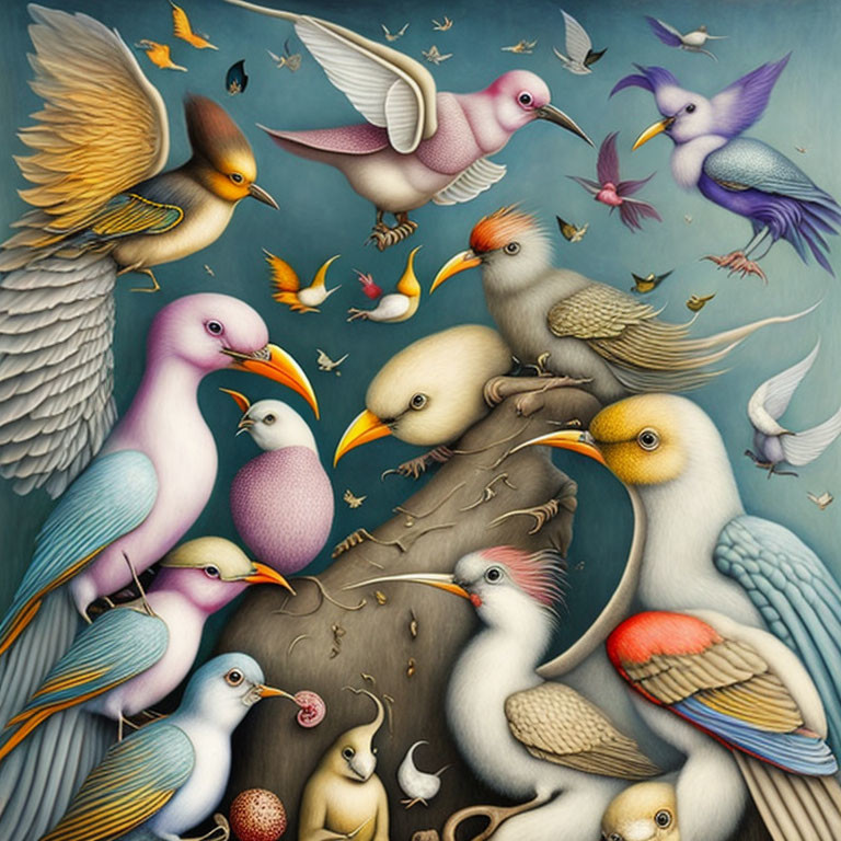 Colorful Birds Illustration with Whimsical Style on Blue-Grey Background