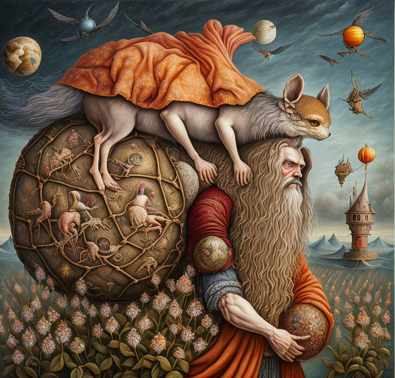 Elderly man with globe, animals, squirrel, celestial objects, and castle in whimsical painting