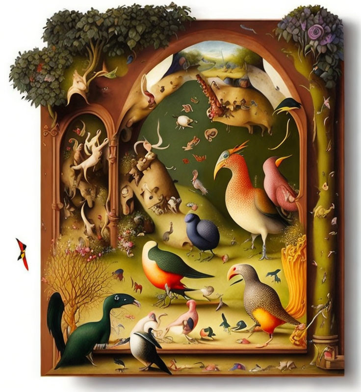 Colorful 3D painting of vibrant birds and creatures in a forest.