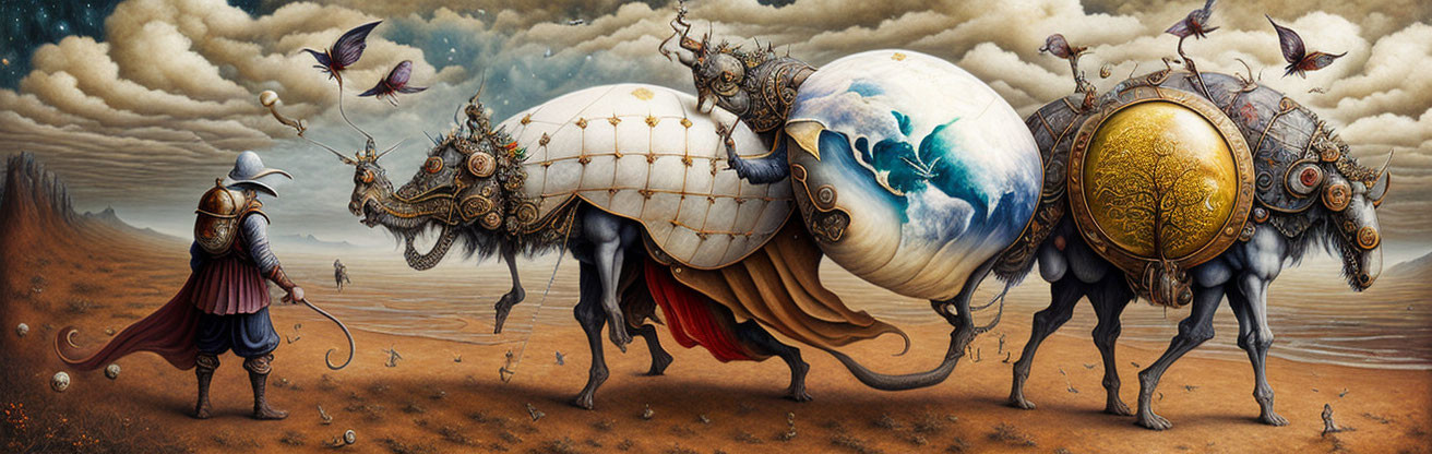 Surreal painting of armored elephants with globe bodies in desert landscape