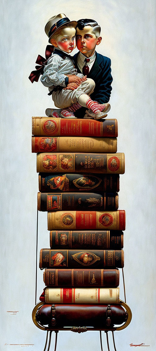 Children sitting on stack of classic books on antique chair