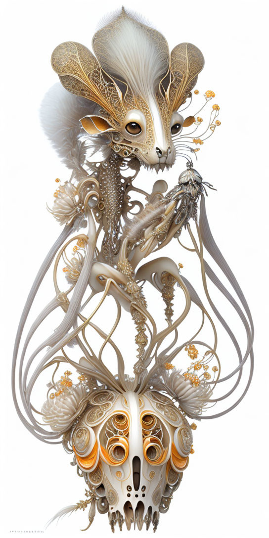 Surreal creature art: Rodent-like features, intricate patterns, floral and skeletal elements.