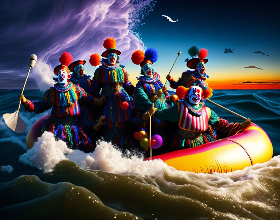 Colorful-clad clowns navigate raft in stormy seas at sunset