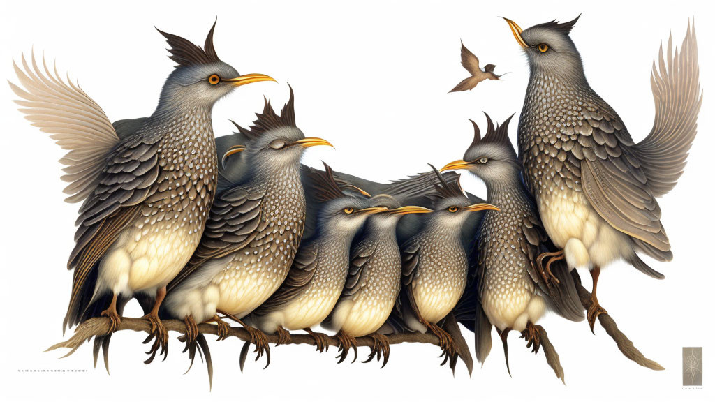 Seven stylized birds with crest feathers on branch, one taking off in detailed plumage.