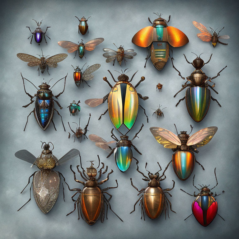 Metallic Beetles Collection: Detailed Symmetrical Patterns in Various Colors