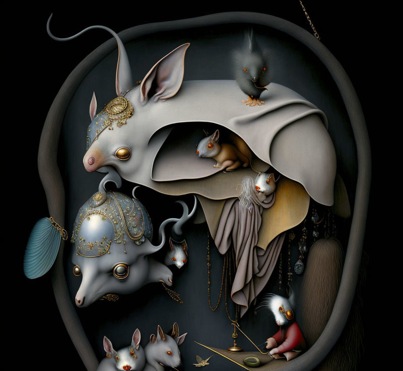 Whimsical surreal illustration of stylized animals in dark setting