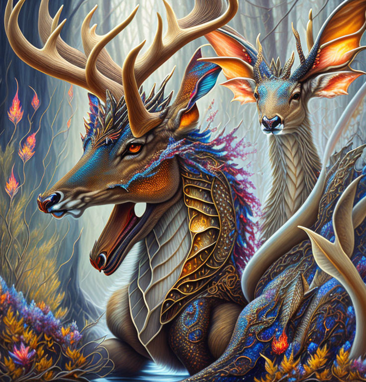 Majestic dragon with antlers in mystical forest scenery