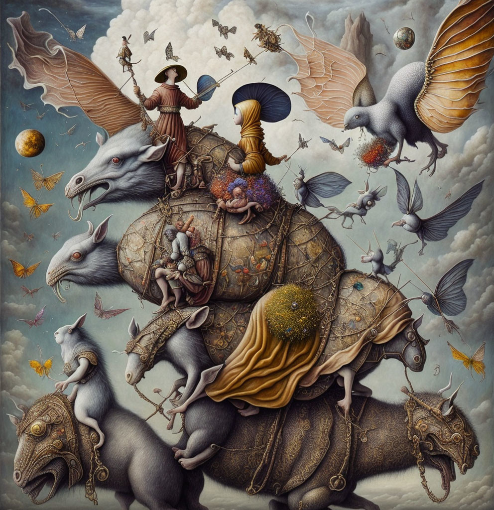 Fantastical painting of turtle with surreal creatures and humans in dreamlike sky