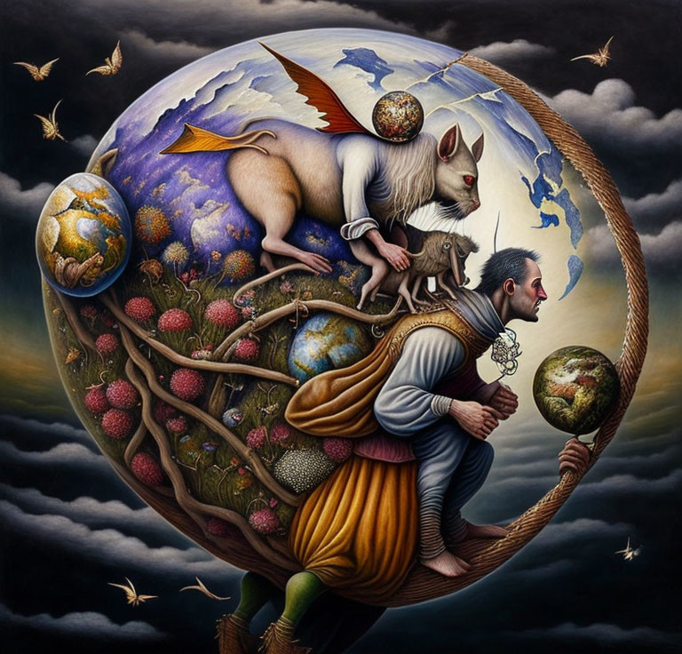 Surreal painting featuring man, creatures, multiple earths, and dreamlike nature elements