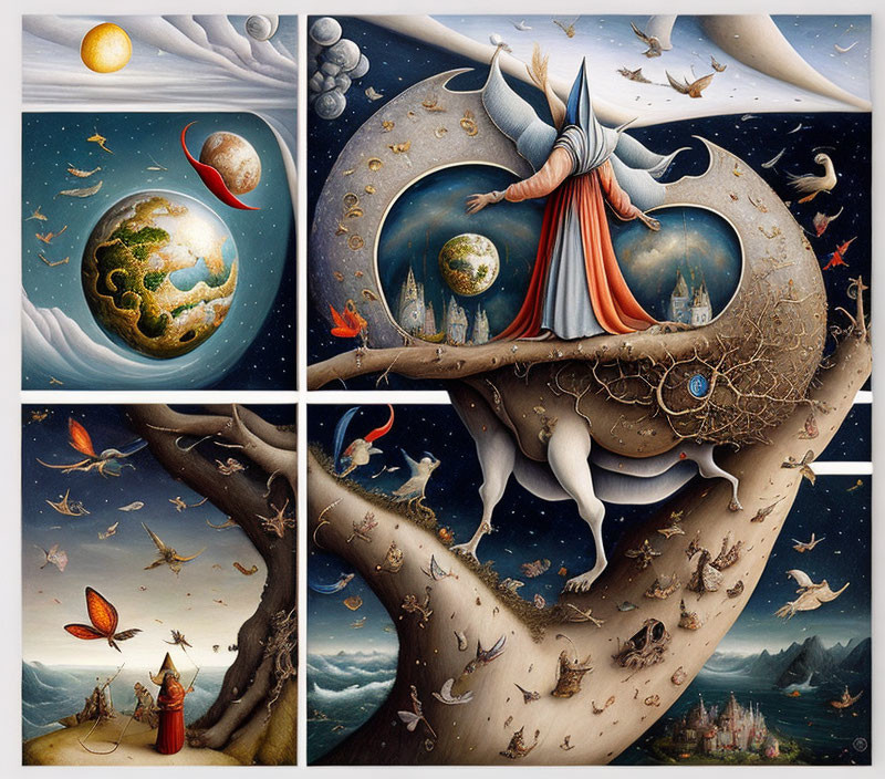 Surreal Artwork: Woman with Crescent Moon Head, Globe Body, Fantastical Scenes