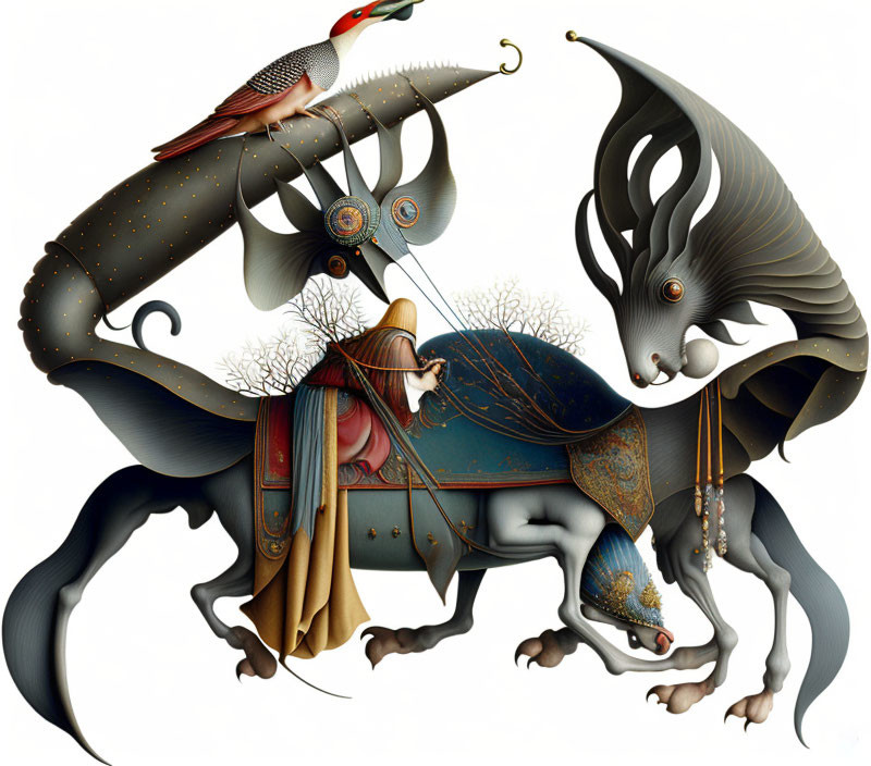 Surreal rhinoceros illustration with decorative details and bird perched on horn.