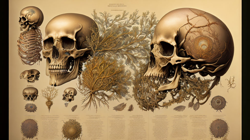 Detailed Anatomical Human Skull Illustration with Tree and Vintage Background