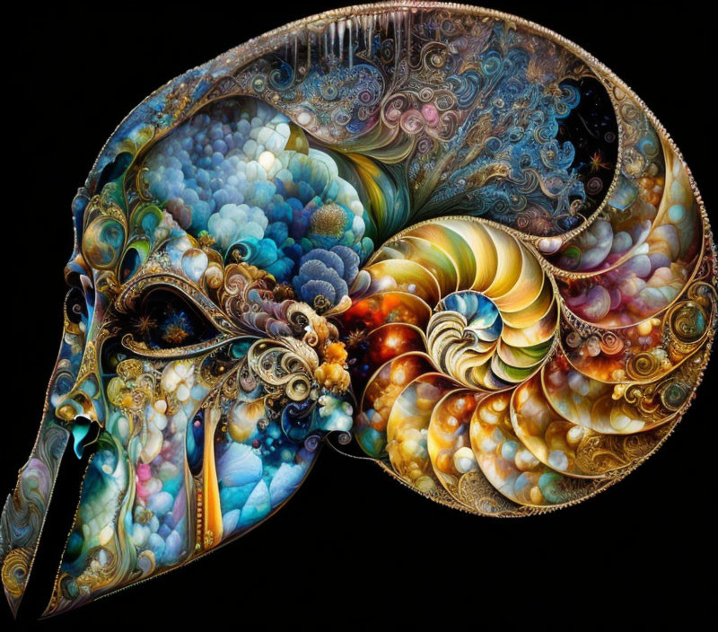 Colorful digital artwork: intricate nautilus shell pattern with vibrant colors.