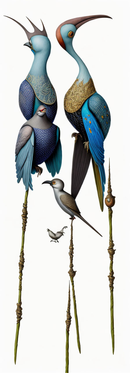 Stylized ornate birds on tall reeds with intricate patterns