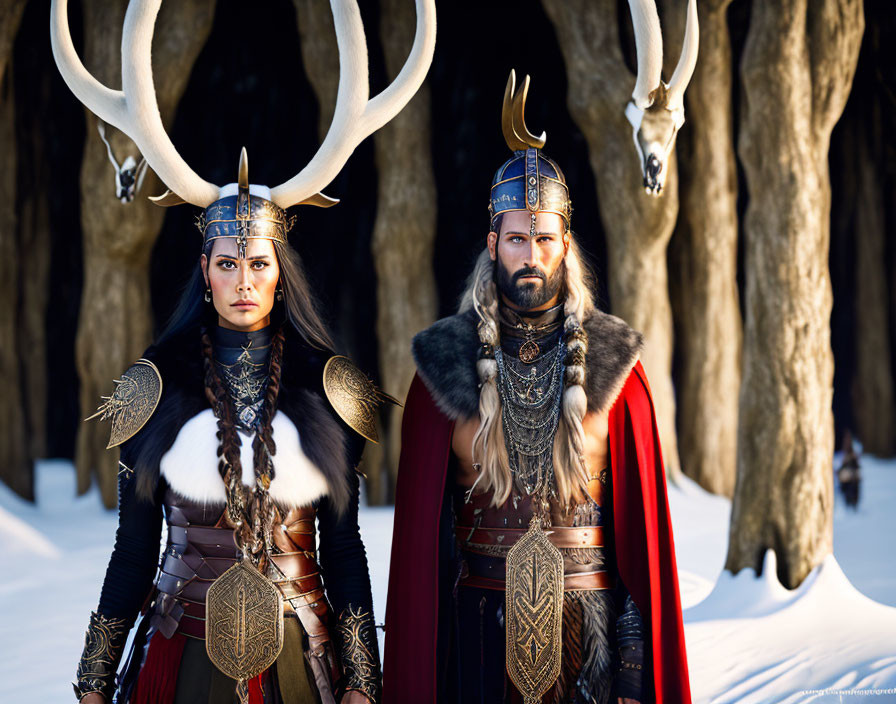 Viking-inspired costumes worn by individuals in snowy forest