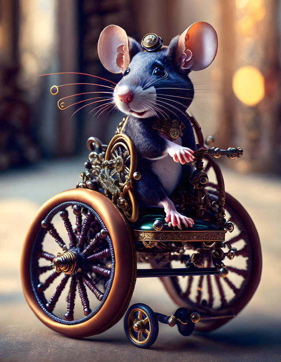 Anthropomorphic mouse in regal attire on steampunk chariot