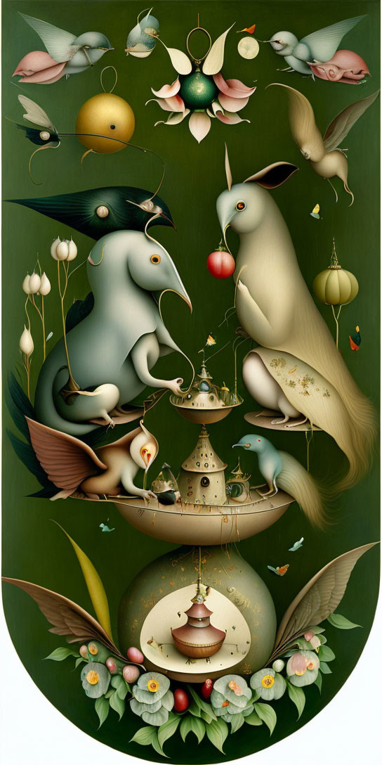 Anthropomorphic creatures in whimsical green-themed surreal art