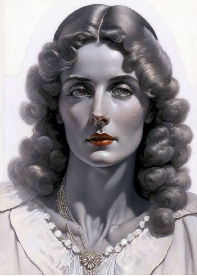 Monochrome portrait of woman with curly hair and red lips