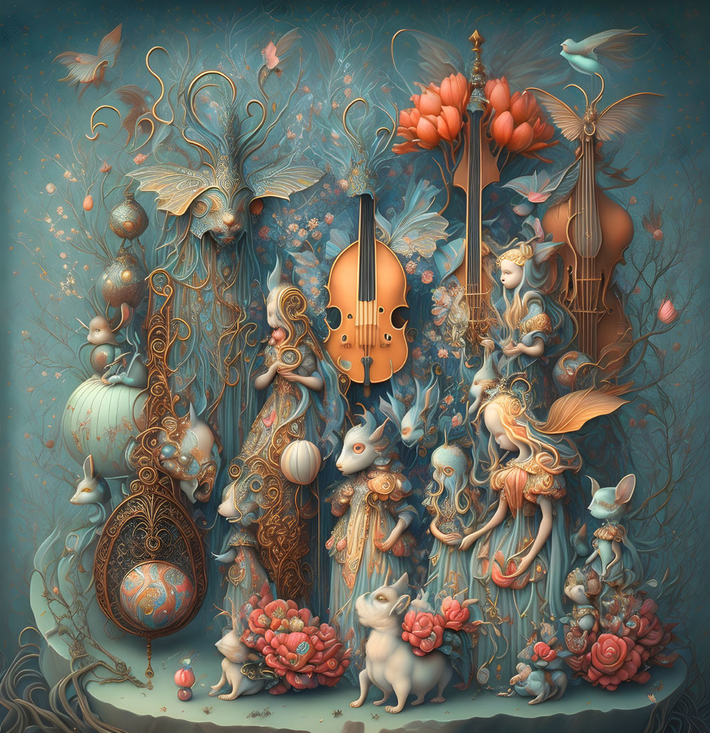 Whimsical art piece with violin, flora, fauna, and fantasy figures in dreamlike scene