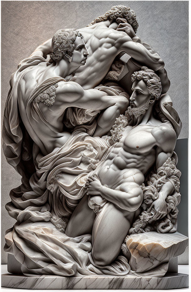 Detailed marble sculpture of two figures in classical mythology with intricate drapery & expressive poses