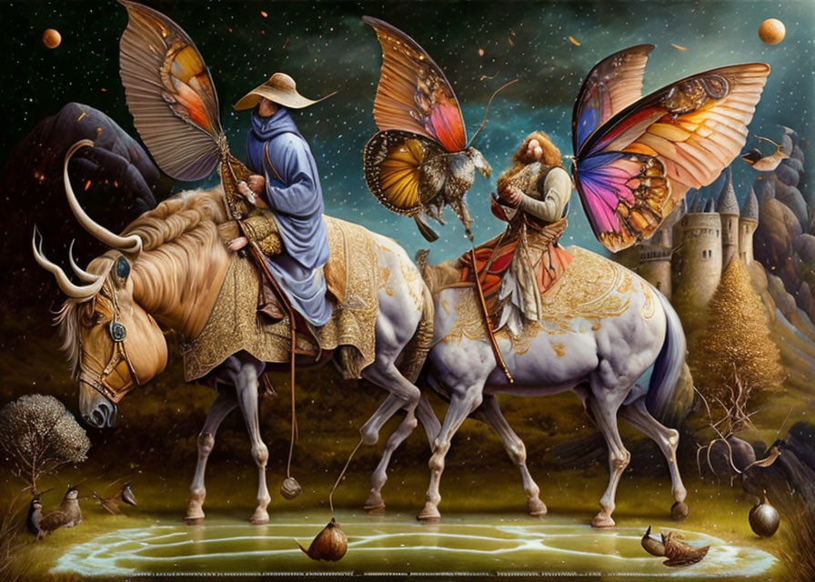 Surreal artwork of two riders on winged bulls in fantastical landscape