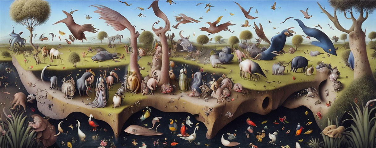 Panoramic surreal painting: Animals on land, aquatic scene below