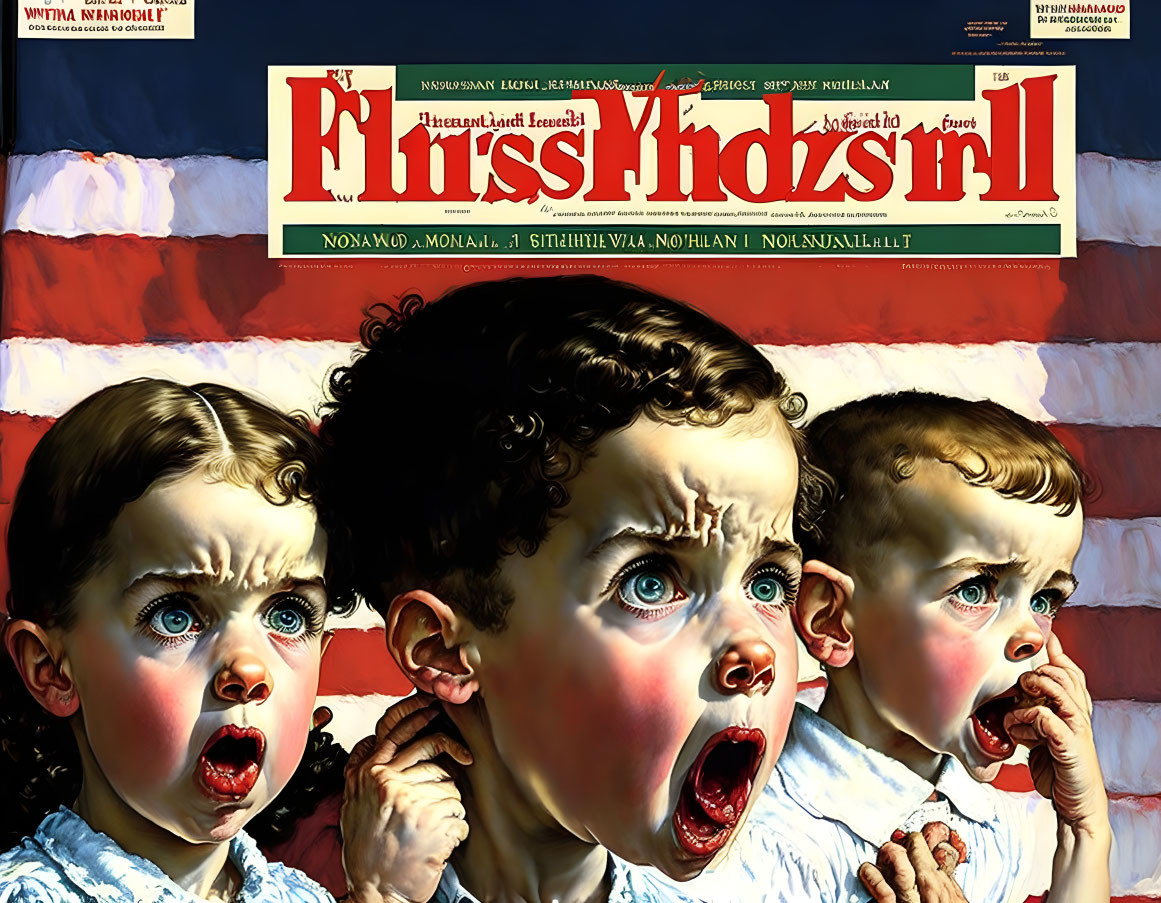 Vintage Magazine Cover Art: Three Children Surprised on American Flag Background